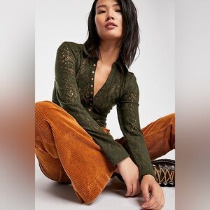Free People Cosy Cadet Henley Black Women's Crochet Button-Up Long Sleeve Top